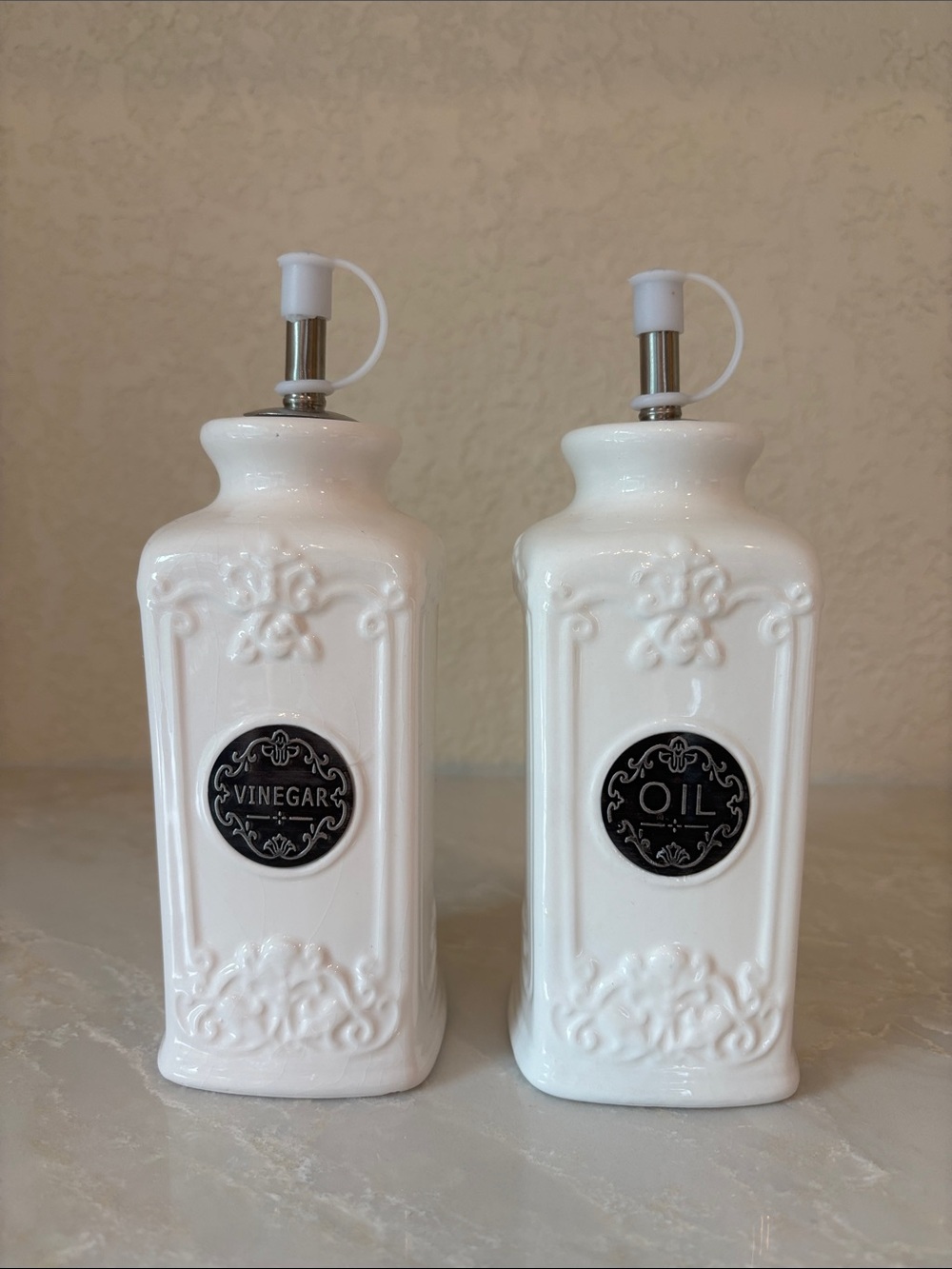 White Ceramic Oil and Vinegar Dispenser Set
